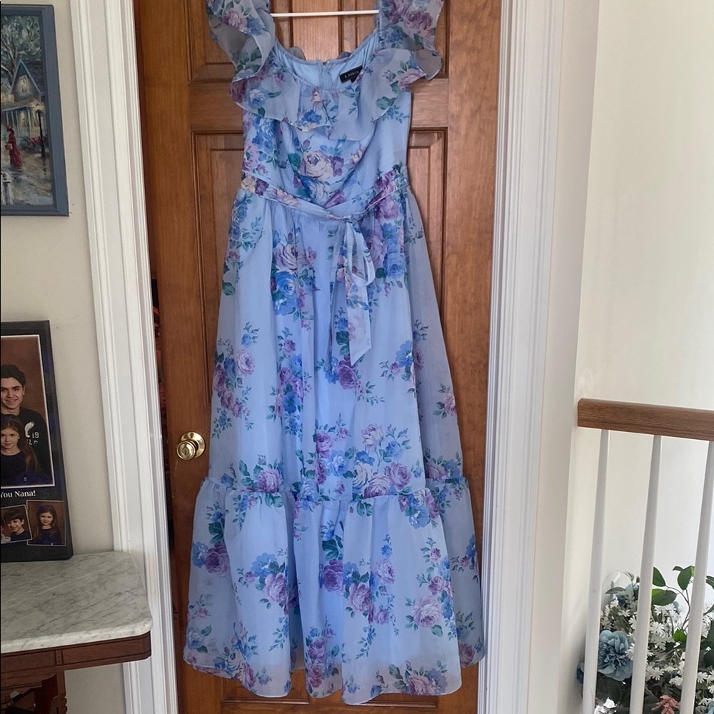 B Darlin Blue Tiered Maxi Dress with Flutter Sleeves